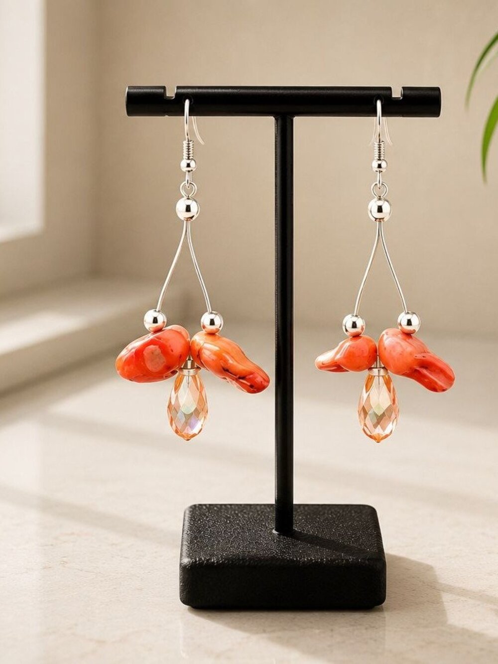 Handcrafted Coral & Crystal Drop Earrings With Silver Accents 2.5 Inches Long Bo